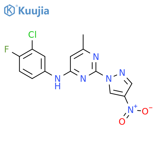 N-(3-chloro-4-fluorophenyl)-6-methyl-2-(4-nitro-1H-pyrazol-1-yl)pyrimidin-4-amine structure