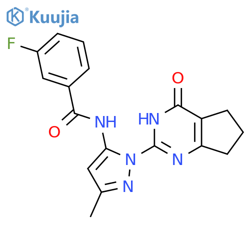 3-fluoro-N-(3-methyl-1-{4-oxo-3H,4H,5H,6H,7H-cyclopenta[d]pyrimidin-2-yl}-1H-pyrazol-5-yl)benzamide structure