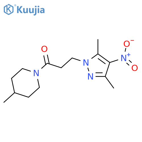 <br>3-(3,5-Dimethyl-4-nitro-pyrazol-1-yl)-1-(4-methyl-piperidin-1-yl)-propan-1- one structure