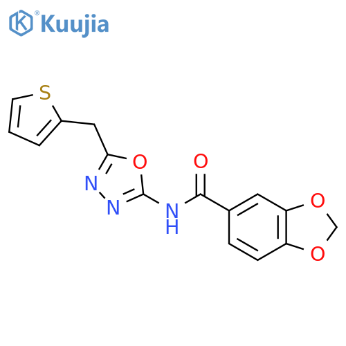 N-{5-[(thiophen-2-yl)methyl]-1,3,4-oxadiazol-2-yl}-2H-1,3-benzodioxole-5-carboxamide structure