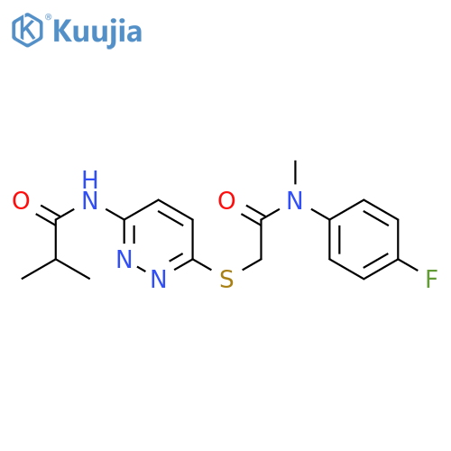 N-{6-[({[(4-fluorophenyl)methyl]carbamoyl}methyl)sulfanyl]pyridazin-3-yl}-2-methylpropanamide structure