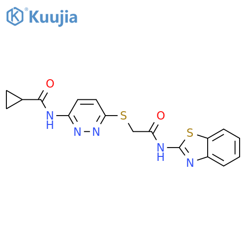 N-[6-({[(1,3-benzothiazol-2-yl)carbamoyl]methyl}sulfanyl)pyridazin-3-yl]cyclopropanecarboxamide structure