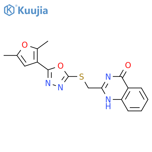 2-({[5-(2,5-dimethylfuran-3-yl)-1,3,4-oxadiazol-2-yl]sulfanyl}methyl)-3,4-dihydroquinazolin-4-one structure