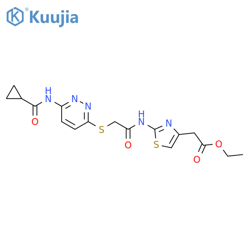 ethyl 2-(2-{2-[(6-cyclopropaneamidopyridazin-3-yl)sulfanyl]acetamido}-1,3-thiazol-4-yl)acetate structure