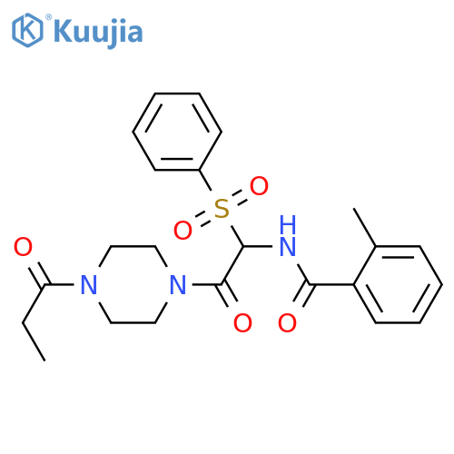 N-[1-(benzenesulfonyl)-2-oxo-2-(4-propanoylpiperazin-1-yl)ethyl]-2-methylbenzamide structure