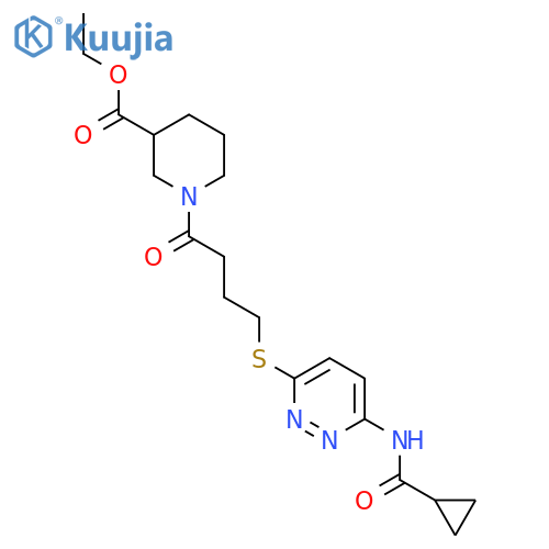 ethyl 1-{4-[(6-cyclopropaneamidopyridazin-3-yl)sulfanyl]butanoyl}piperidine-3-carboxylate structure