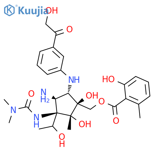 Benzoic acid,2-hydroxy-6-methyl-,[(1S,2R,3R,4S,5S)-4-amino-3-[[(dimethylamino)carbonyl]amino]-1,2-dihydroxy-5-[[3-(hydroxyacetyl)phenyl]amino]-3-[(1S)-1-hydroxyethyl]-2-methylcyclopentyl]methylester (9CI) structure