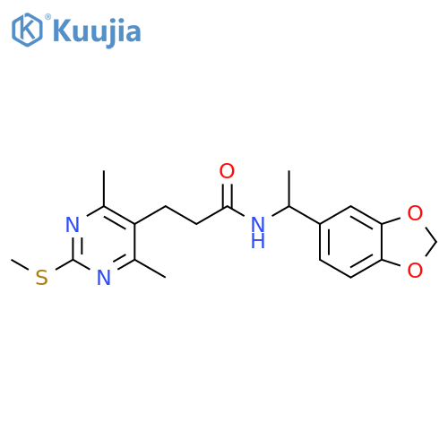 N-[1-(1,3-dioxaindan-5-yl)ethyl]-3-[4,6-dimethyl-2-(methylsulfanyl)pyrimidin-5-yl]propanamide structure