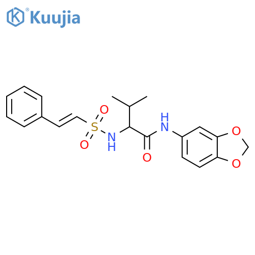 N-(1,3-dioxaindan-5-yl)-3-methyl-2-(2-phenylethenesulfonamido)butanamide structure