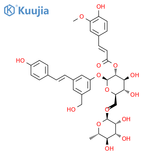 3-(hydroxymethyl)-5-[(E)-2-(4-hydroxyphenyl)ethenyl]phenyl 6-O-(6-deoxy-alpha-L-mannopyranosyl)-2-O-[(2E)-3-(4-hydroxy-3-methoxyphenyl)prop-2-enoyl]-beta-D-glucopyranoside structure
