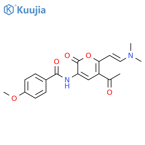 N-{5-acetyl-6-[(E)-2-(dimethylamino)ethenyl]-2-oxo-2H-pyran-3-yl}-4-methoxybenzamide structure