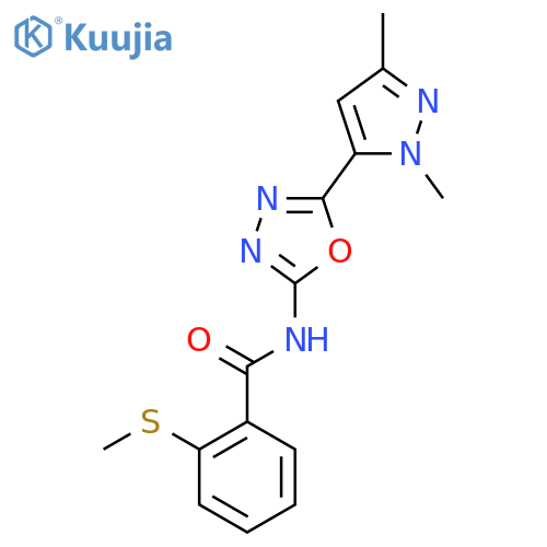 N-5-(1,3-dimethyl-1H-pyrazol-5-yl)-1,3,4-oxadiazol-2-yl-2-(methylsulfanyl)benzamide structure