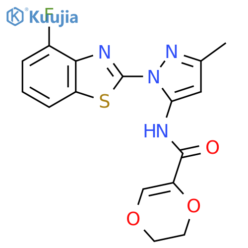 N-1-(4-fluoro-1,3-benzothiazol-2-yl)-3-methyl-1H-pyrazol-5-yl-5,6-dihydro-1,4-dioxine-2-carboxamide structure