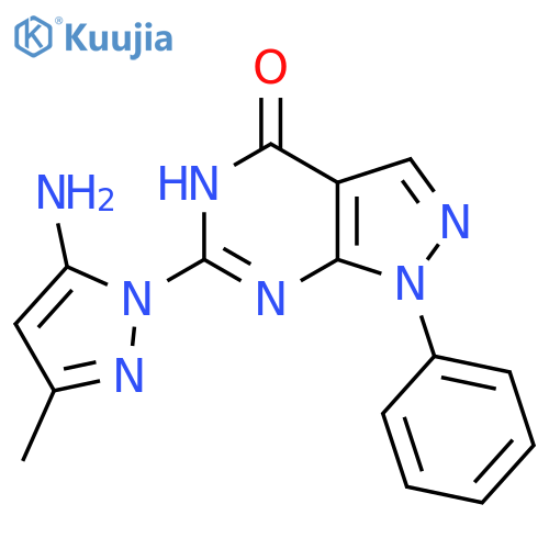 6-(5-amino-3-methyl-1H-pyrazol-1-yl)-1-phenyl-1H,4H,5H-pyrazolo3,4-dpyrimidin-4-one structure