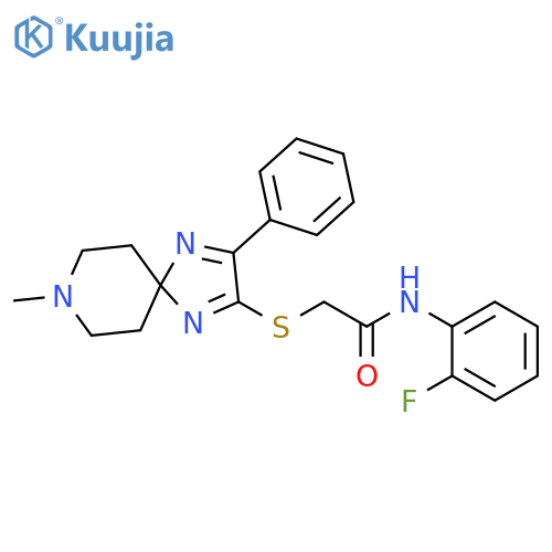 N-(2-fluorophenyl)-2-({8-methyl-3-phenyl-1,4,8-triazaspiro[4.5]deca-1,3-dien-2-yl}sulfanyl)acetamide structure