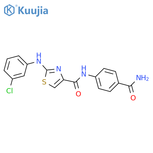 N-(4-carbamoylphenyl)-2-[(3-chlorophenyl)amino]-1,3-thiazole-4-carboxamide structure