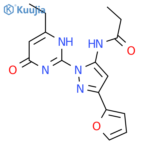 N-[1-(4-ethyl-6-oxo-1,6-dihydropyrimidin-2-yl)-3-(furan-2-yl)-1H-pyrazol-5-yl]propanamide structure