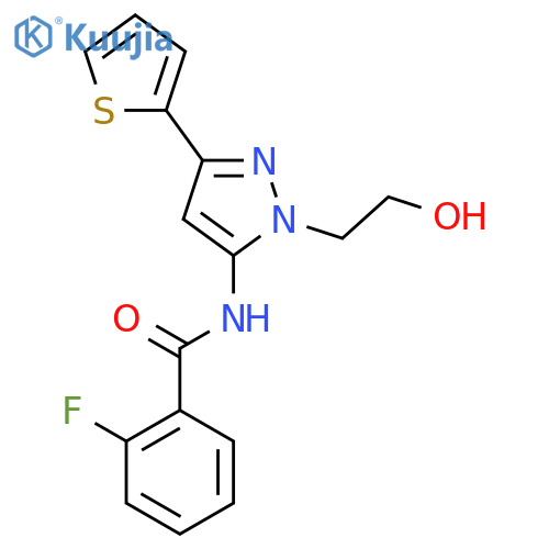 2-fluoro-N-1-(2-hydroxyethyl)-3-(thiophen-2-yl)-1H-pyrazol-5-ylbenzamide structure