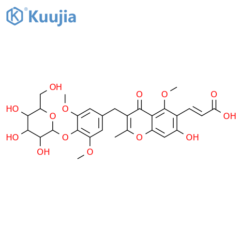 3',4',5,5',7-Pentahydroxy-2-methylhomoisoflavone-6-propenoic acid; 3',5,5'-Tri-Me ether, 4'-O-β-D-glucopyranoside structure