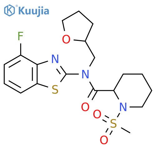 N-(4-fluoro-1,3-benzothiazol-2-yl)-1-methanesulfonyl-N-(oxolan-2-yl)methylpiperidine-2-carboxamide structure