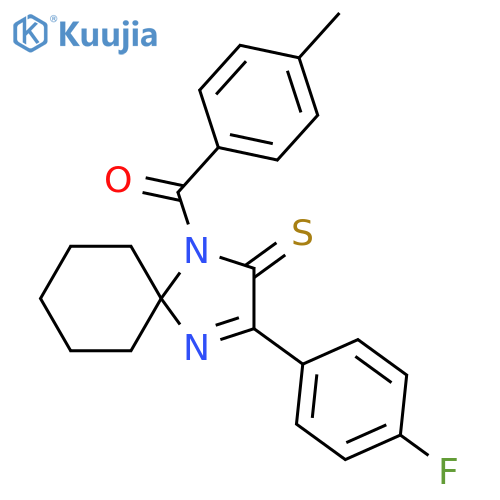 3-(4-fluorophenyl)-1-(4-methylbenzoyl)-1,4-diazaspiro[4.5]dec-3-ene-2-thione structure