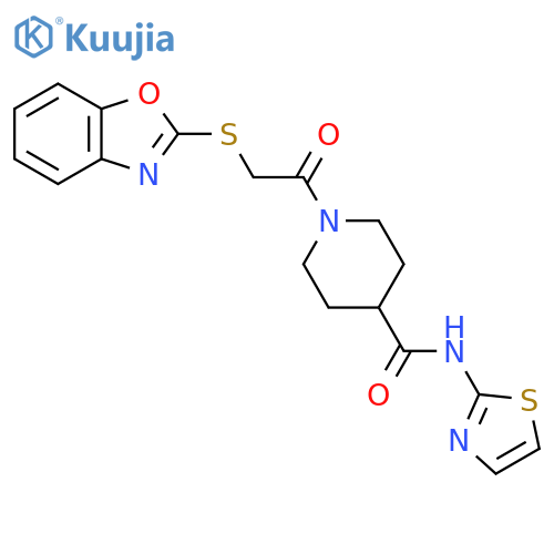 1-2-(1,3-benzoxazol-2-ylsulfanyl)acetyl-N-(1,3-thiazol-2-yl)piperidine-4-carboxamide structure