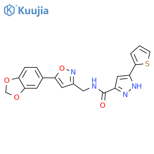 N-{5-(2H-1,3-benzodioxol-5-yl)-1,2-oxazol-3-ylmethyl}-3-(thiophen-2-yl)-1H-pyrazole-5-carboxamide structure