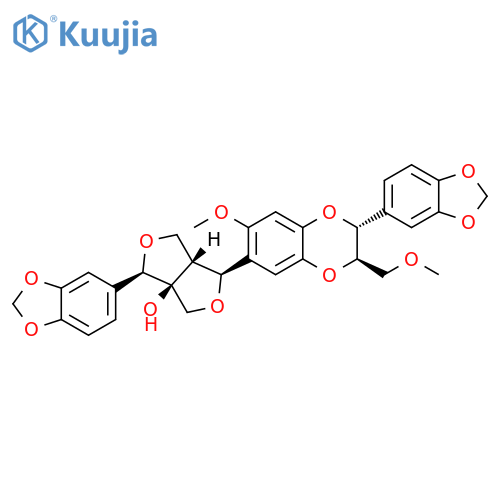 1H,3H-Furo[3,4-c]furan-3a(4H)-ol,4-(1,3-benzodioxol-5-yl)-1-[(2R,3R)-2-(1,3-benzodioxol-5-yl)-2,3-dihydro-7-methoxy-3-(methoxymethyl)-1,4-benzodioxin-6-yl]dihydro-,(1S,3aS,4R,6aR)- (9CI) structure