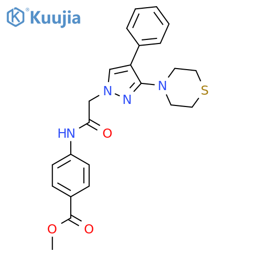 methyl 4-{2-[4-phenyl-3-(thiomorpholin-4-yl)-1H-pyrazol-1-yl]acetamido}benzoate structure