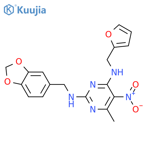 N2-(2H-1,3-benzodioxol-5-yl)methyl-N4-(furan-2-yl)methyl-6-methyl-5-nitropyrimidine-2,4-diamine structure