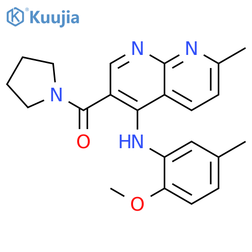 N-(2-methoxy-5-methylphenyl)-7-methyl-3-(pyrrolidine-1-carbonyl)-1,8-naphthyridin-4-amine structure