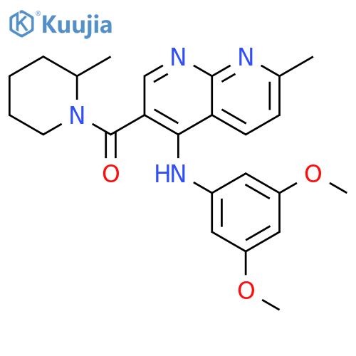 N-(3,5-dimethoxyphenyl)-7-methyl-3-(2-methylpiperidine-1-carbonyl)-1,8-naphthyridin-4-amine structure