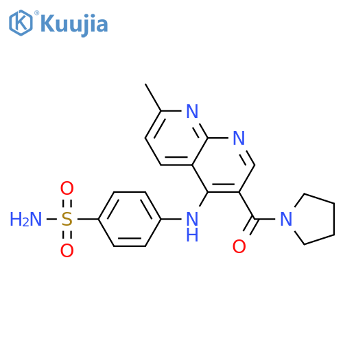 4-{[7-methyl-3-(pyrrolidine-1-carbonyl)-1,8-naphthyridin-4-yl]amino}benzene-1-sulfonamide structure