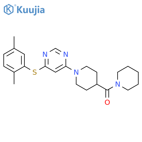 4-(2,5-dimethylphenyl)sulfanyl-6-4-(piperidine-1-carbonyl)piperidin-1-ylpyrimidine structure