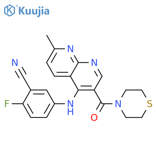2-fluoro-5-{[7-methyl-3-(thiomorpholine-4-carbonyl)-1,8-naphthyridin-4-yl]amino}benzonitrile structure
