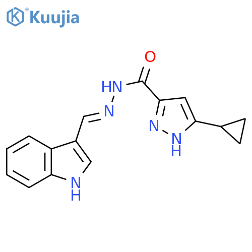3-cyclopropyl-N'-[(1E)-(1H-indol-3-yl)methylidene]-1H-pyrazole-5-carbohydrazide structure