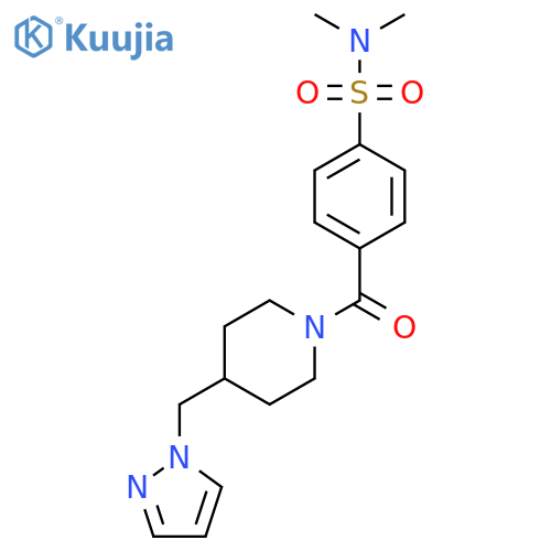 N,N-dimethyl-4-{4-(1H-pyrazol-1-yl)methylpiperidine-1-carbonyl}benzene-1-sulfonamide structure
