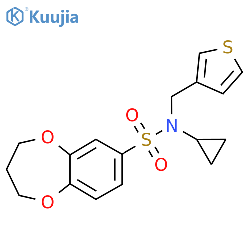 N-cyclopropyl-N-(thiophen-3-yl)methyl-3,4-dihydro-2H-1,5-benzodioxepine-7-sulfonamide structure