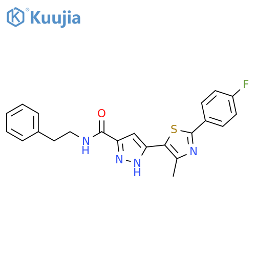 3-[2-(4-fluorophenyl)-4-methyl-1,3-thiazol-5-yl]-N-(2-phenylethyl)-1H-pyrazole-5-carboxamide structure