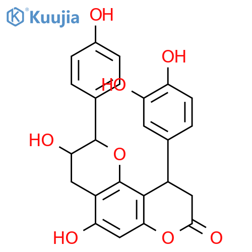 2-(4-hydroxyphenyl)-3,4,9,10-tetrahydro-3,5-dihydroxy-10-(3,4-dihydroxyphenyl)-(2R,3R,10R)-2H,8H-benzo [1,2-b:3,4-b']dipyran-8-one structure