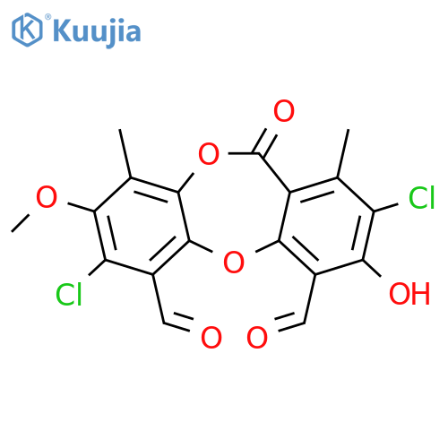 11H-Dibenzo[b,e][1,4]dioxepin-4,6-dicarboxaldehyde, 2,7-dichloro-3-hydroxy-8-methoxy-1,9-dimethyl-11-oxo- structure