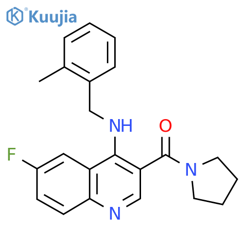 6-fluoro-N-[(2-methylphenyl)methyl]-3-(pyrrolidine-1-carbonyl)quinolin-4-amine structure