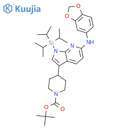1-PIPERIDINECARBOXYLIC ACID, 4-[6-(1,3-BENZODIOXOL-5-YLAMINO)-1-[TRIS(1-METHYLETHYL)SILYL]-1H-PYRROLO[2,3-B]PYRIDIN-3-YL]-, 1,1-DIMETHYLETHYL ESTER structure