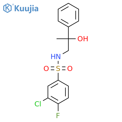 3-chloro-4-fluoro-N-(2-hydroxy-2-phenylpropyl)benzene-1-sulfonamide structure