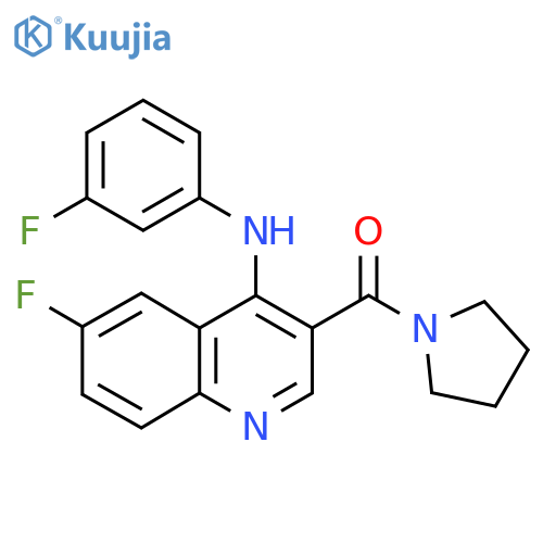 6-fluoro-N-(3-fluorophenyl)-3-(pyrrolidine-1-carbonyl)quinolin-4-amine structure