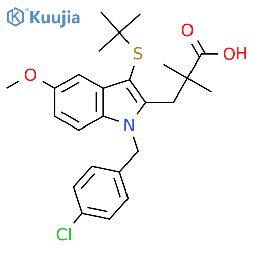 3-[3-Tert-butylsulfanyl-1-[(4-chlorophenyl)methyl]-5-methoxyindol-2-yl]-2,2-dimethylpropanoic acid structure
