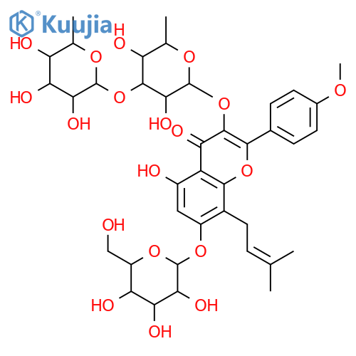4H-1-Benzopyran-4-one,3-[[6-deoxy-3-O-(6-deoxy-a-L-mannopyranosyl)-a-L-mannopyranosyl]oxy]-7-(b-D-glucopyranosyloxy)-5-hydroxy-2-(4-methoxyphenyl)-8-(3-methyl-2-butenyl)-(9CI) structure