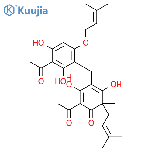 2,5-Cyclohexadien-1-one,2-acetyl-6-[[3-acetyl-2,4-dihydroxy-6-[(3-methyl-2-buten-1-yl)oxy]phenyl]methyl]-3,5-dihydroxy-4-methyl-4-(3-methyl-2-buten-1-yl)-,(+)- structure
