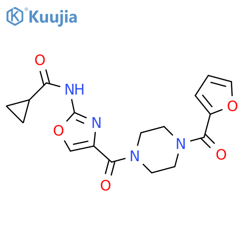 N-{4-4-(furan-2-carbonyl)piperazine-1-carbonyl-1,3-oxazol-2-yl}cyclopropanecarboxamide structure