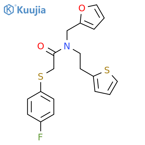 2-(4-fluorophenyl)sulfanyl-N-(furan-2-yl)methyl-N-2-(thiophen-2-yl)ethylacetamide structure